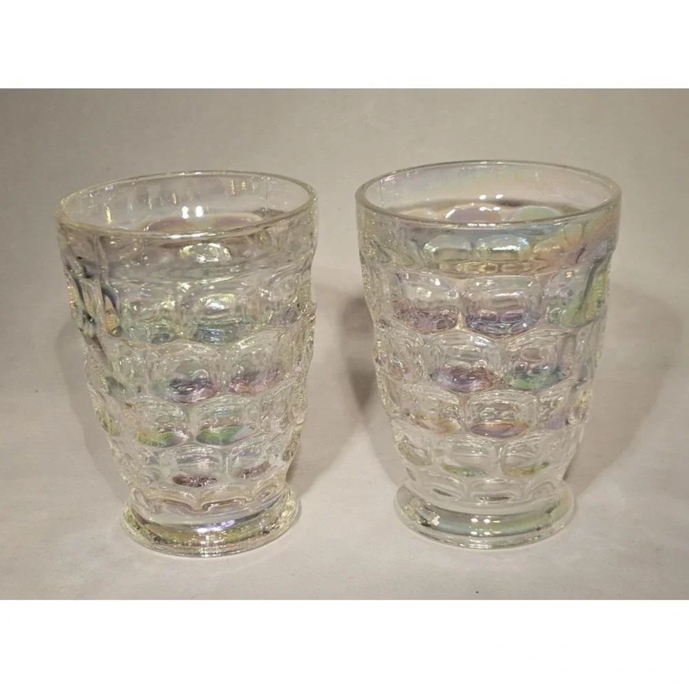 Vintage Federal Glass Iridescent Thumbprint Yorktown Tumblers 6oz Set of 2